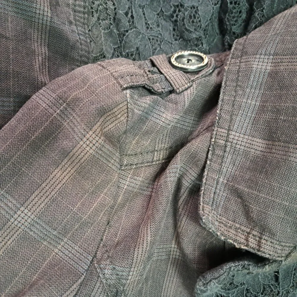 Free People‎ Plaid Gray Duster Trench Coat Women’s 4 Grunge Steampunk Victorian